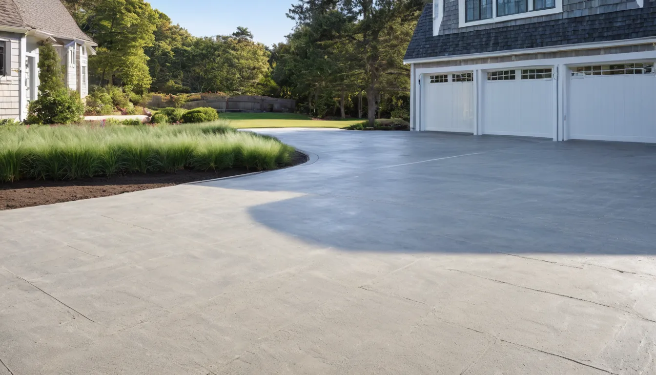 A new concrete driveway beside a home in the New York area after a fresh pour